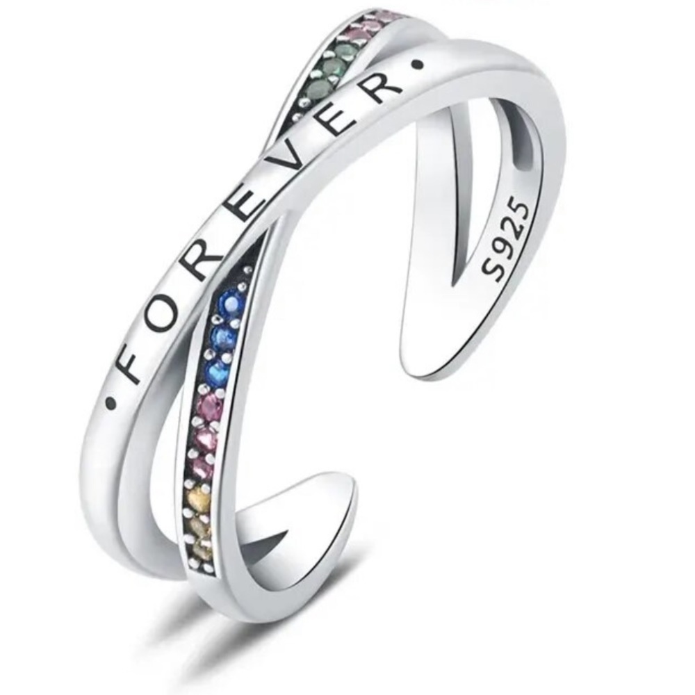 NWOT Sterling silver adjustable “forever” ring with colored diamonique